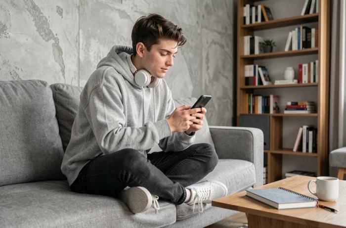 Jeune adulte explorant les fonctionnalités de son smartphone Android sur un canapé