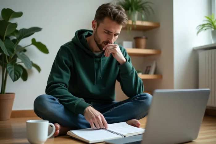 Jeune entrepreneur travaillant sur son business plan dans un bureau à domicile minimaliste