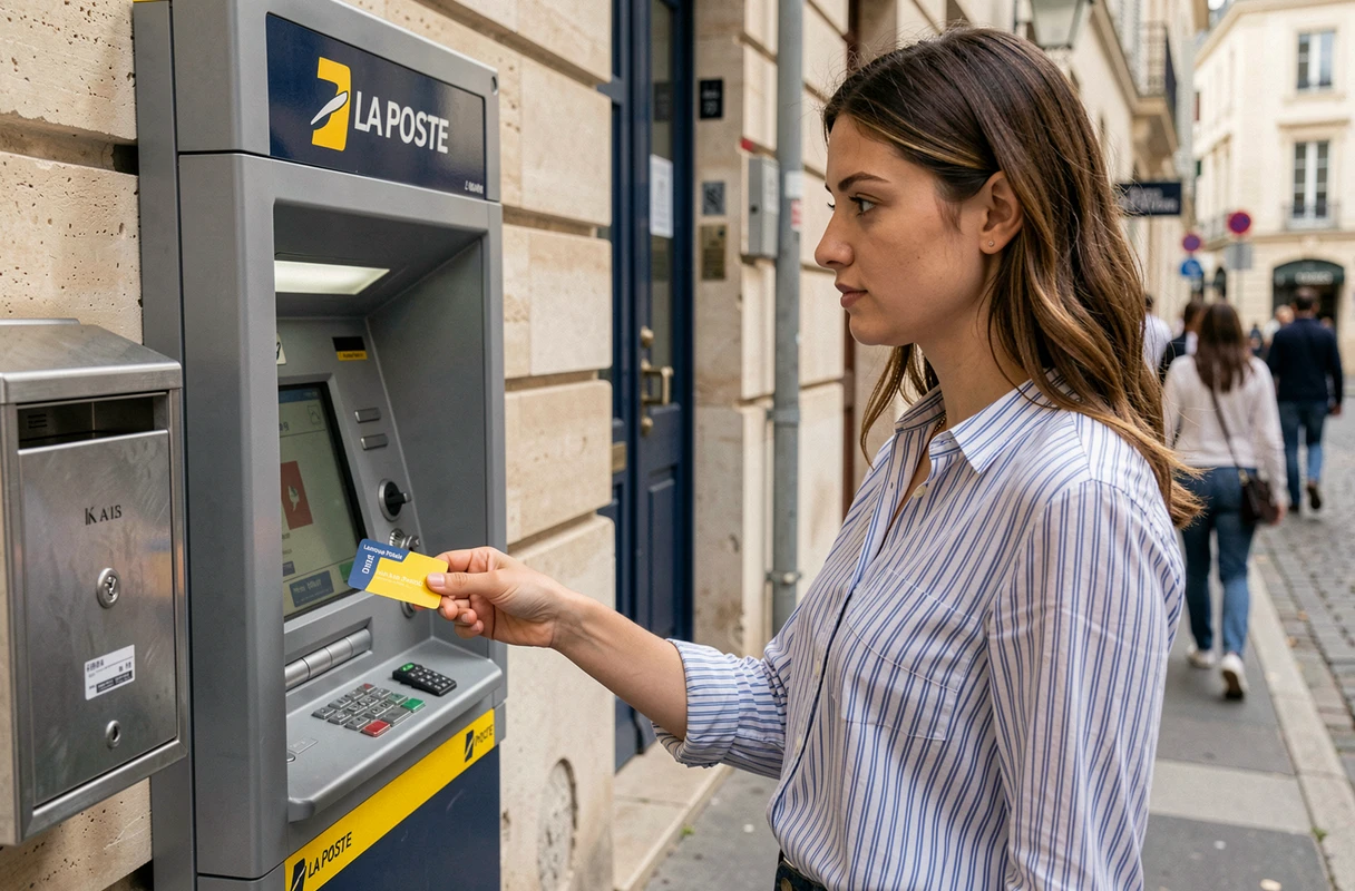 Jeune femme retirant de l'argent à un distributeur La Banque Postale après réception d'un virement CAF