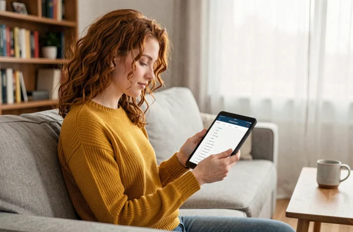 Jeune femme parcourant le plan du site Clarivox sur une tablette depuis son salon pour une navigation intuitive