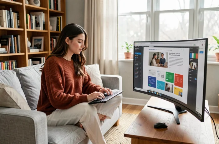 Jeune femme explorant des tendances de design web sur un grand écran depuis son salon confortable