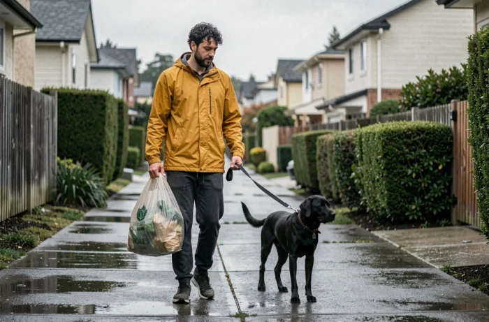 Jeune homme promenant son labrador noir en ville avec ramassage des déjections canines sur trottoir mouillé