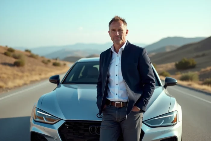 Journaliste automobile appuyé contre une berline sport argentée sur une route ouverte entourée de collines verdoyantes