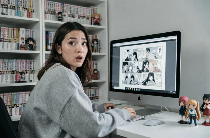 Jeune femme surprise en lisant le scan One Piece 1141 sur son ordinateur dans un bureau manga