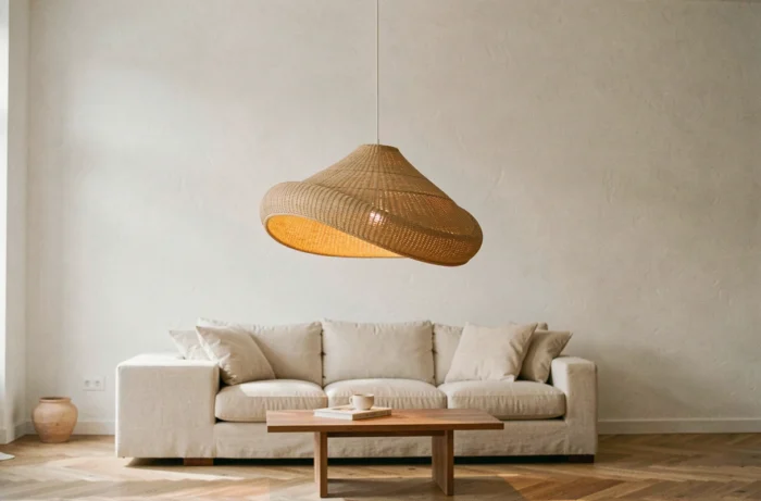Luminaire sculptural en suspension au-dessus d'un salon minimaliste français avec canapé en lin et parquet chêne