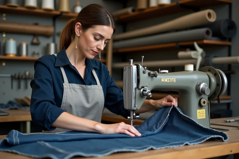 Femme utilisant une machine à coudre industrielle pour coudre plusieurs épaisseurs de tissu denim épais dans un atelier de couture professionnel