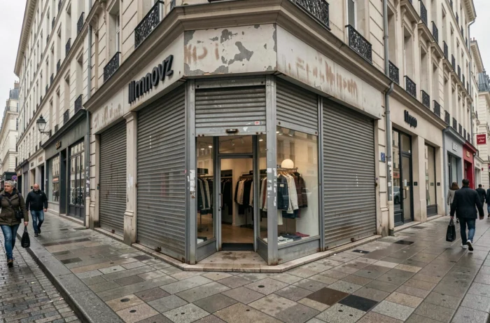 Façade d'un magasin Christine Laure fermé définitivement avec rideaux métalliques baissés dans une rue commerçante française