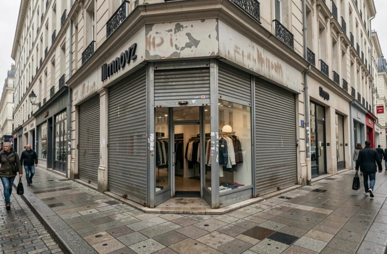 Façade d'un magasin Christine Laure fermé définitivement avec rideaux métalliques baissés dans une rue commerçante française