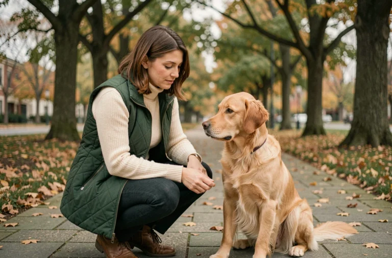 Femme responsable en parc urbain donnant un ordre à son golden retriever bien dressé en automne