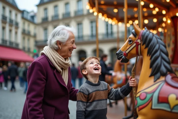 Grand-mère et petit-fils devant un manège coloré en centre-ville de Nantes