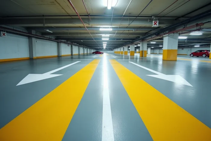 Marquage au sol jaune et blanc fraîchement peint dans un parking souterrain avec allées et places délimitées