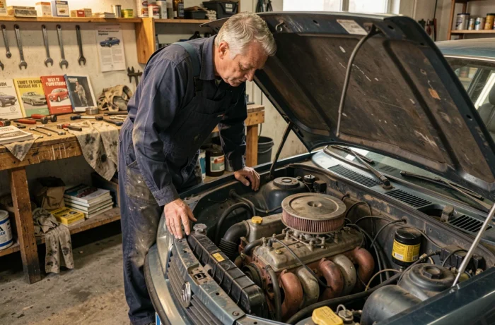 Mécanicien en combinaison bleue penchée sur le compartiment moteur ouvert d'une Peugeot 305 GTI dans un atelier de réparation indépendant