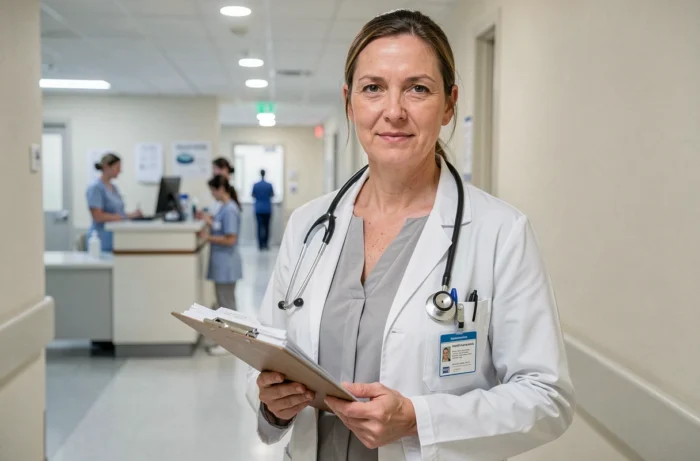 Médecin généraliste française en blouse blanche dans un couloir d'hôpital avec stéthoscope et clipboard