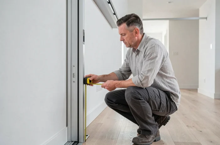 Homme mesurant l'ouverture d'un cadre de porte coulissante avec un mètre ruban dans un couloir moderne