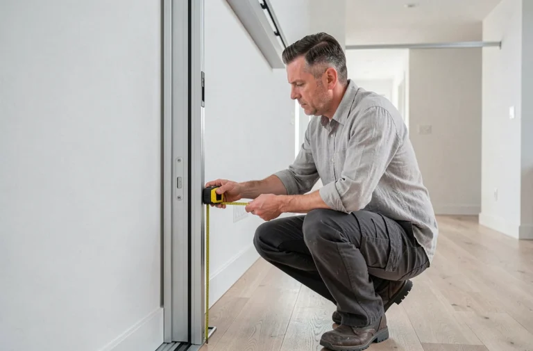 Homme mesurant l'ouverture d'un cadre de porte coulissante avec un mètre ruban dans un couloir moderne