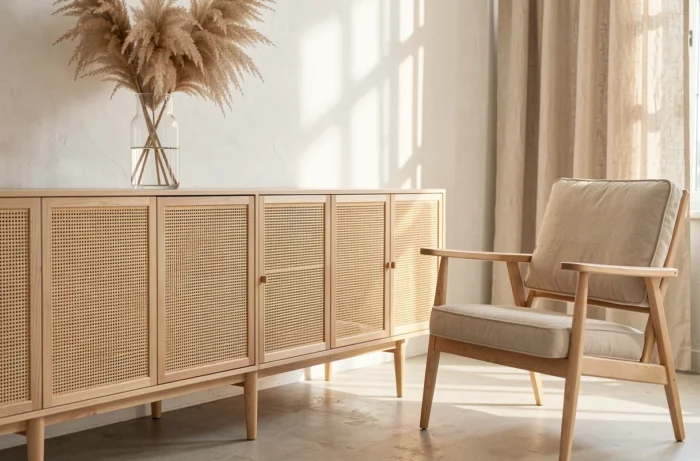 Meuble en cannage avec texture tressée légère dans un intérieur moderne aux tons sablés et rideaux en lin