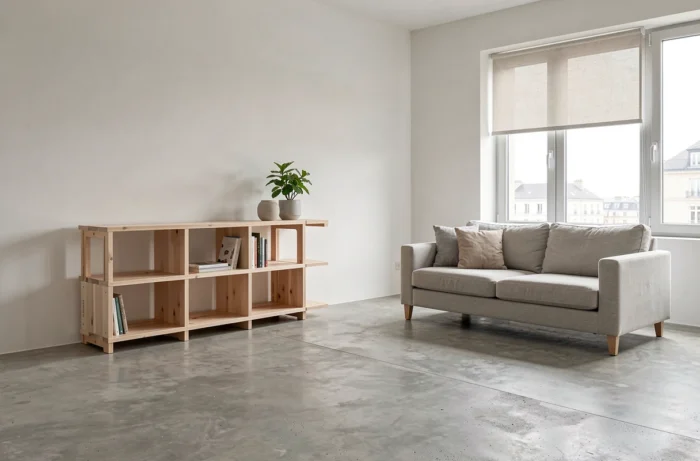 Meubles modulables et démontables en bois clair et métal dans un salon moderne minimaliste aux tons neutres