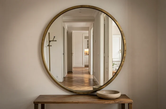 Grand miroir arrondi oversize à cadre en laiton dans une entrée moderne avec parquet en chevrons et console en bois