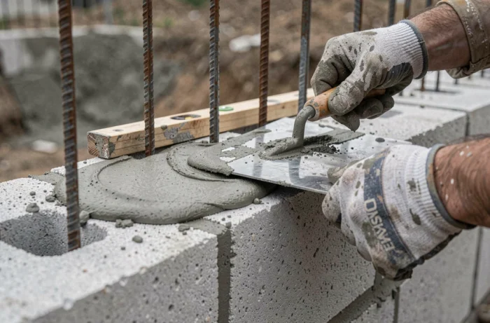 Détail de la pose de mortier sur un mur de parpaings à bancher avec armature métallique