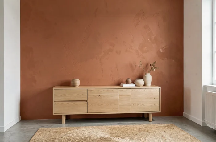 Mur d'accent en peinture mate terracotta dans un salon moderne avec meuble en chêne et tapis en jute