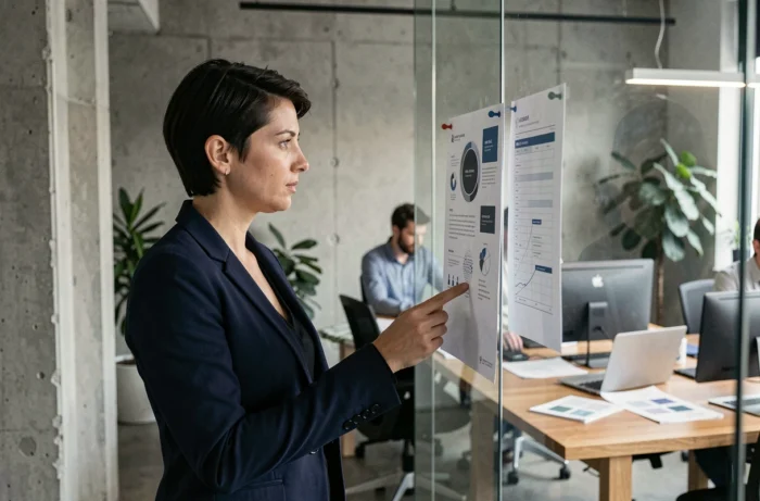 Femme d'affaires analysant une nouvelle identité de marque dans un bureau moderne, illustrant un changement de nom d'entreprise