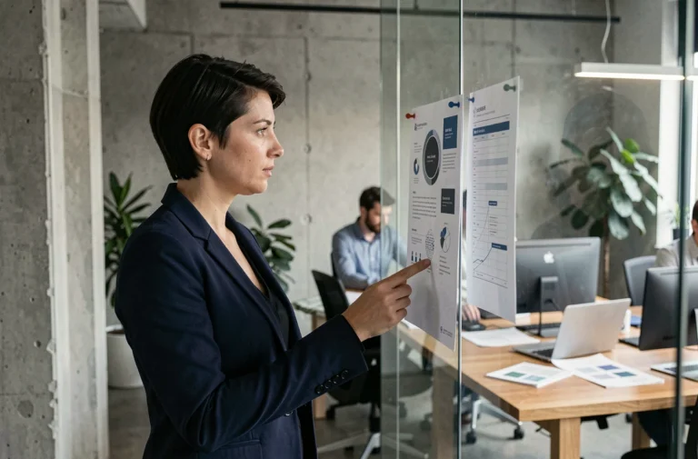 Femme d'affaires analysant une nouvelle identité de marque dans un bureau moderne, illustrant un changement de nom d'entreprise