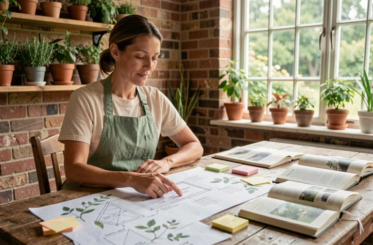 Femme organisant le plan de son site web de jardinage avec des croquis de structure sur un bureau en bois rustique