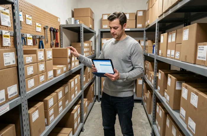 Homme organisant les stocks d'une boutique salarié dans une réserve avec un logiciel de gestion d'inventaire