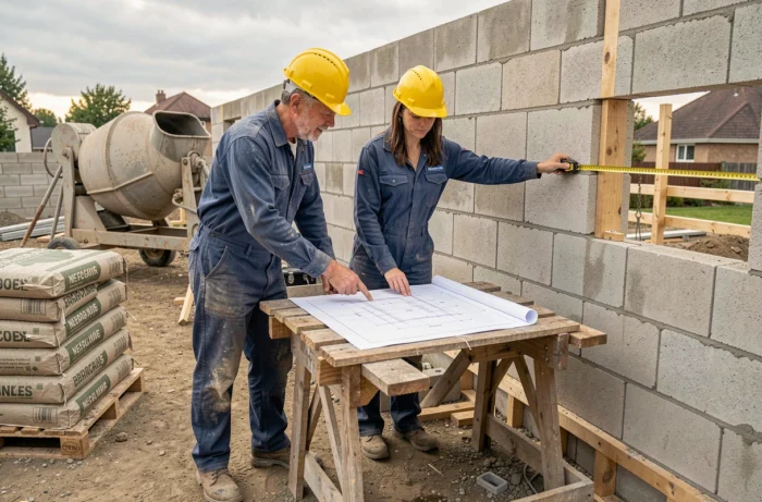 Deux ouvriers consultant un plan technique sur un chantier de construction de mur en parpaing
