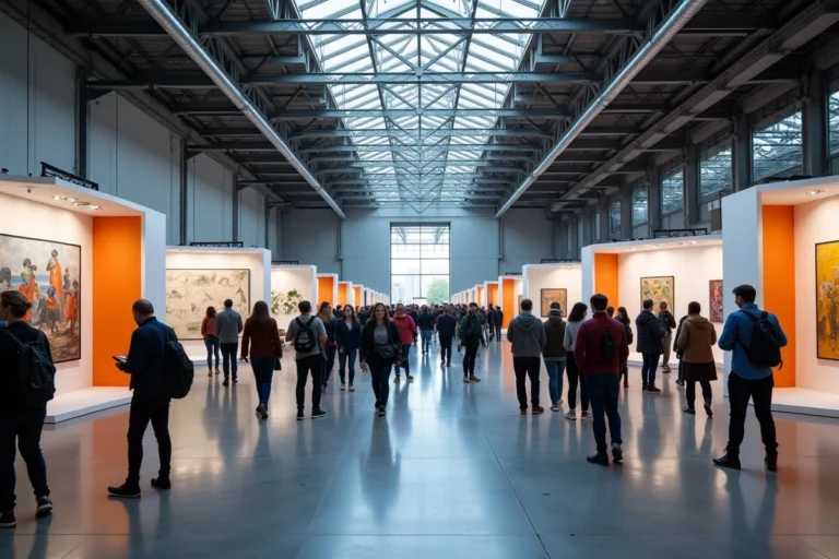 Vue intérieure du parc des expositions de Quimper lors d'une exposition culturelle avec des visiteurs explorant les stands et installations artistiques