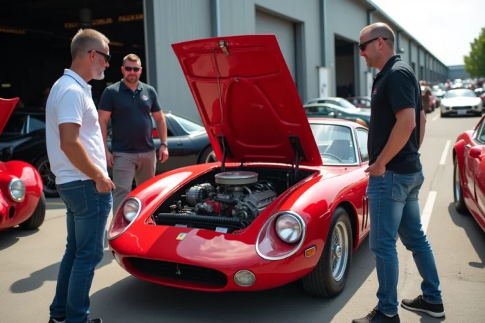 Passionnés d'automobile réunis autour du moteur d'une voiture de collection italienne lors d'un rassemblement en plein air