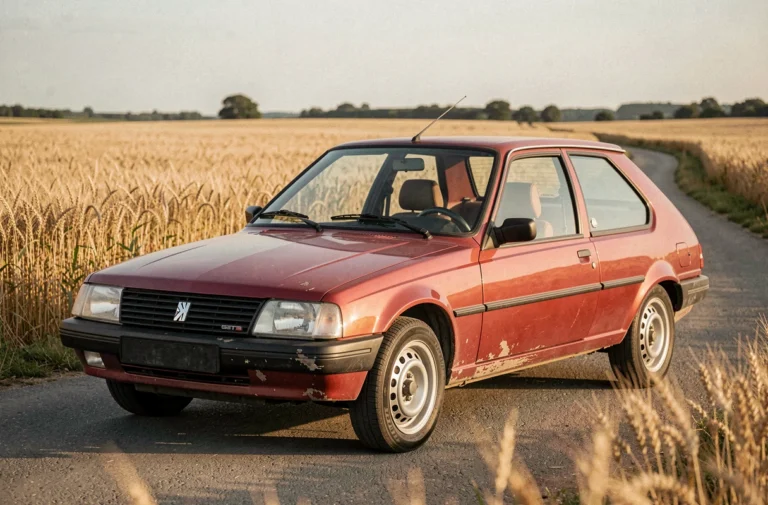 Peugeot 305 GTI rouge garée sur une route de campagne française entourée de champs de blé dorés, vue trois quarts avant