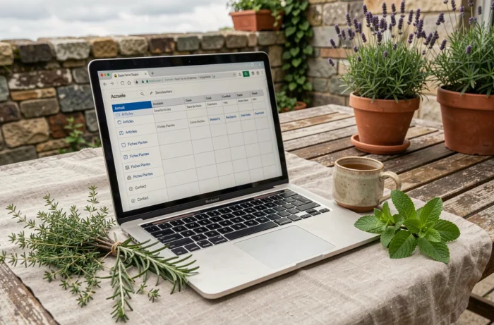 Ordinateur portable affichant le plan de navigation d'un site web de jardinage posé sur une table en teck avec des herbes aromatiques fraîches