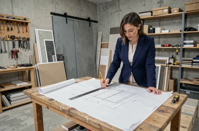 Femme consultant un plan technique de dimensions de porte coulissante sur une table d'atelier de rénovation