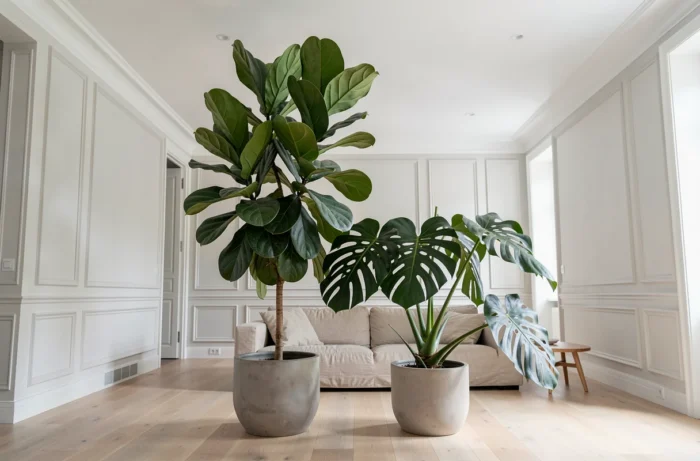 Plantes XXL en pot au sol—fiddle-leaf fig et monstera—structurant l'espace d'un salon minimaliste français