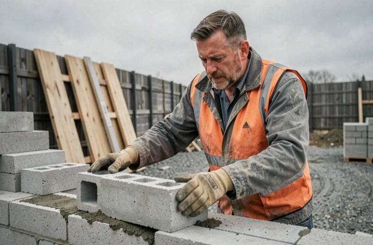 Maçon posant un parpaing à bancher sur un chantier de construction extérieur