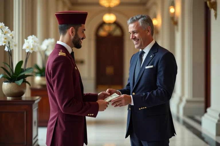Concierge d'hôtel de luxe remettant un pourboire en billets à un groom en uniforme dans un hall en marbre
