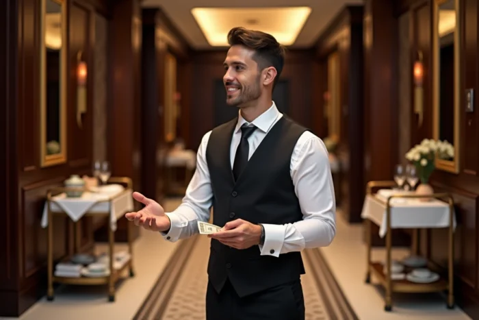 Serveur d'hôtel cinq étoiles recevant un pourboire d'un client dans un couloir élégant avec chariot de room service