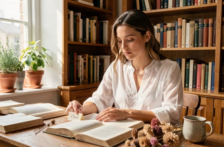 Jeune femme prénommée Clara lisant dans une bibliothèque chaleureuse avec des livres ouverts et des fleurs séchées sur son bureau en bois