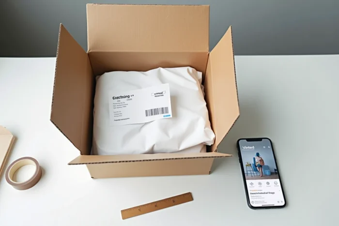 Vue de dessus d'un bureau avec une boîte carton, une étiquette Mondial Relay, une règle et un smartphone affichant Vinted pour préparer un colis