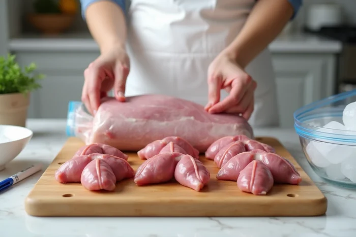 Préparation de couilles de mouton pour la congélation sur une planche en bois avec des sacs de congélation dans une cuisine domestique