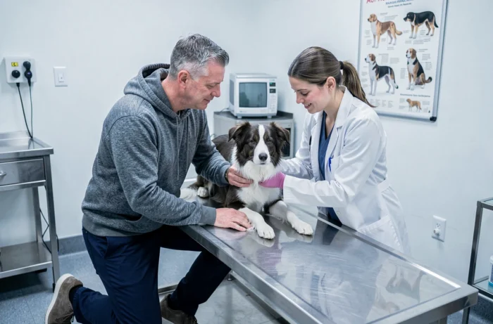 Propriétaire de chien responsable accompagnant son border collie chez le vétérinaire lors d'une consultation