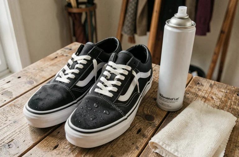 Paire de Vans Old Skool noires posée sur une surface en bois avec un spray imperméabilisant et des gouttes d'eau sur la toile