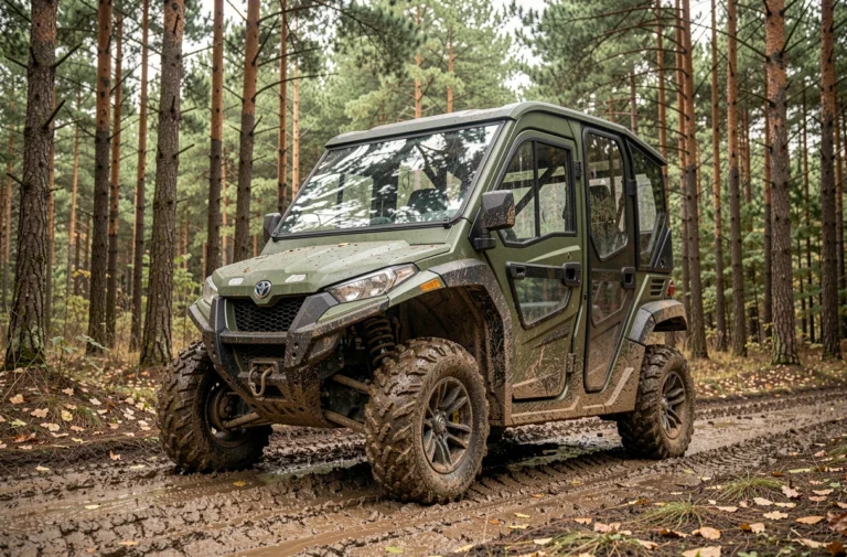 Quad avec cabine fermée garé sur un sentier forestier boueux entouré de pins, adapté aux terrains difficiles