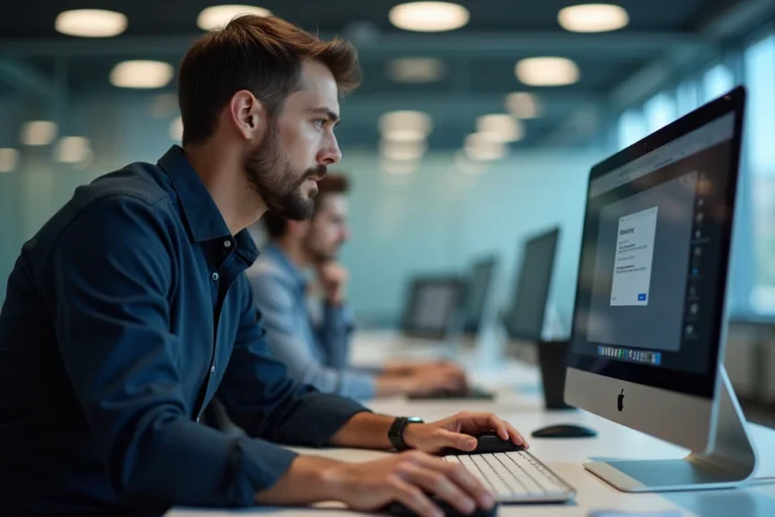 Homme en entreprise tentant de récupérer un e-mail effacé via son client de messagerie sur ordinateur de bureau