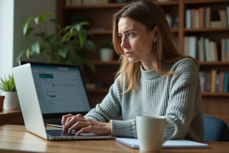Femme récupérant un e-mail supprimé depuis un dossier corbeille sur son ordinateur portable à domicile