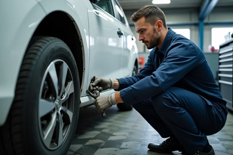 Technicien automobile réglant le parallélisme d'une Peugeot 208 blanche sur un pont élévateur en atelier