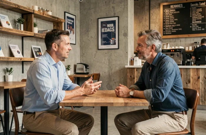 Deux entrepreneurs en réunion informelle dans un café-réseau au style industriel à Rennes, en pleine discussion professionnelle