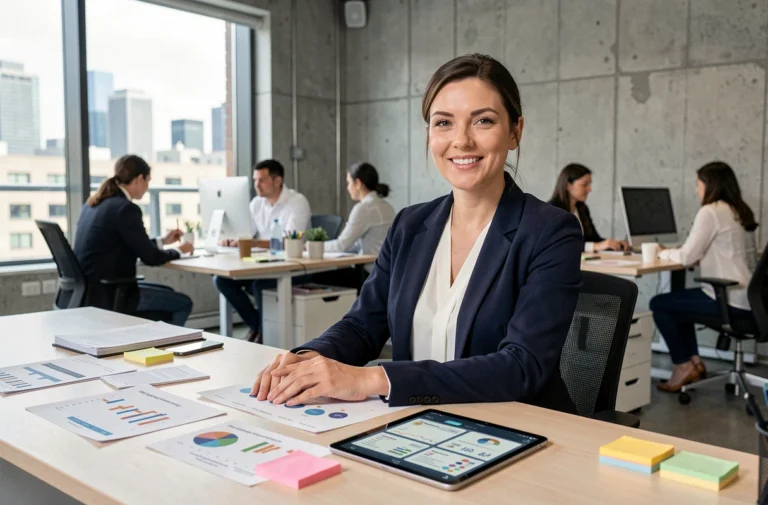 Responsable marketing dans une agence de publicité digitale analysant des rapports de campagne sur une tablette dans un bureau moderne