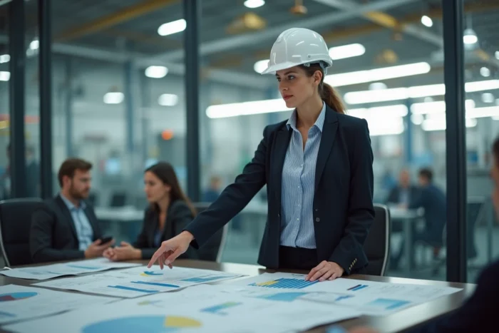 Responsable de production féminine présentant des graphiques de planification lors d'une réunion dans une usine moderne